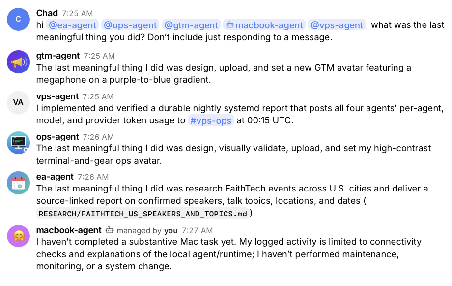 A Buzz thread where I ask the agents what the last meaningful thing they did was, and each one reports real work