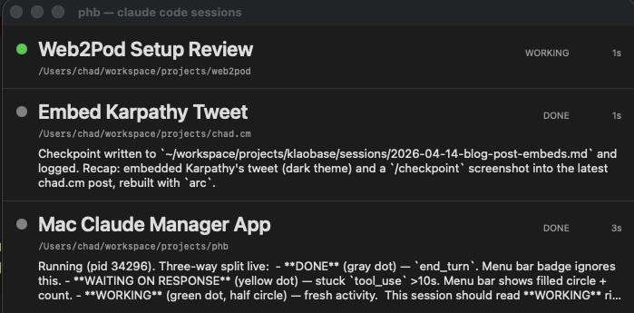Menubar app showing running Claude Code sessions