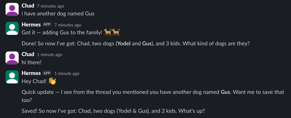Hermes recovering memory after restore and re-noticing Gus from the prior Slack thread