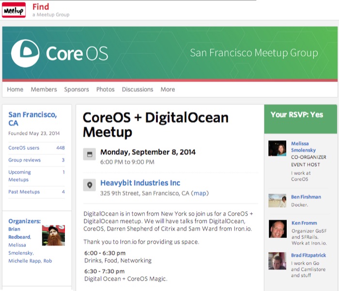 The CoreOS + DigitalOcean meetup page, Ken Fromm among the hosts