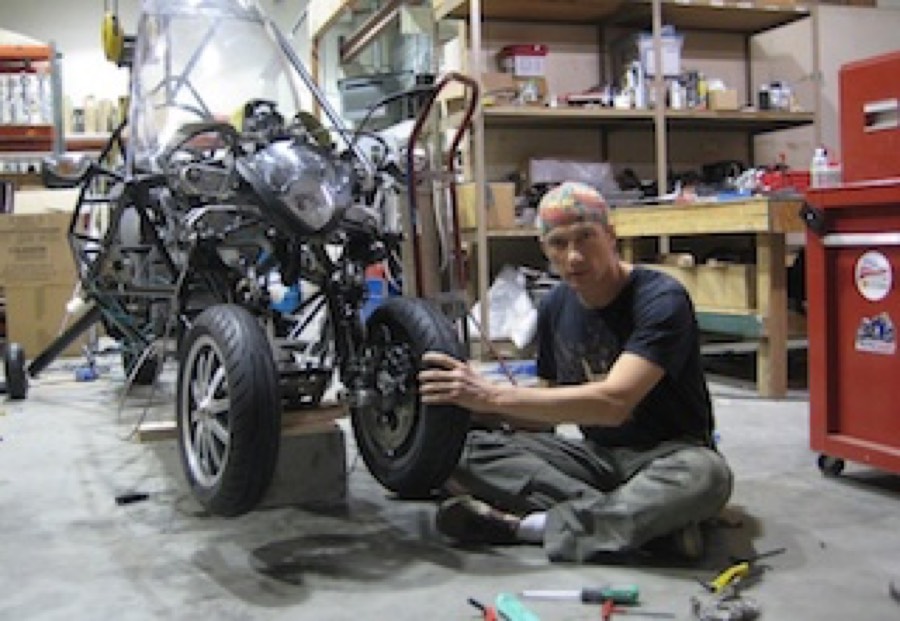 Dezso Molnar working on his gyrocycle