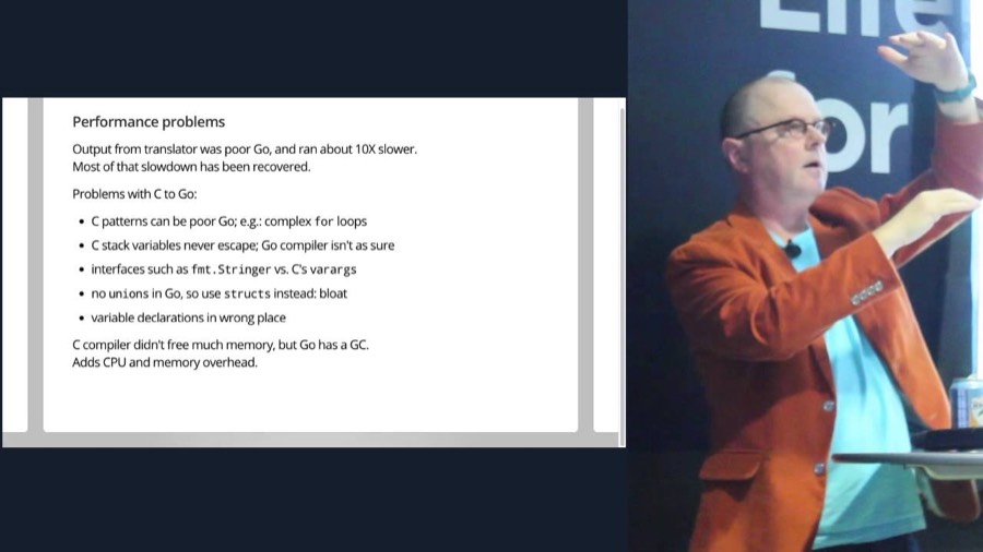 Rob Pike on stage at GopherFest 2015