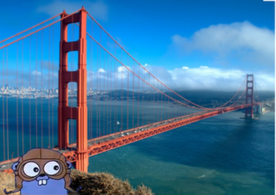 The original GoSF meetup banner — the Golden Gate Bridge with the Go gopher