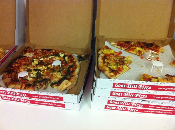Goat Hill Pizza boxes — standard meetup fuel